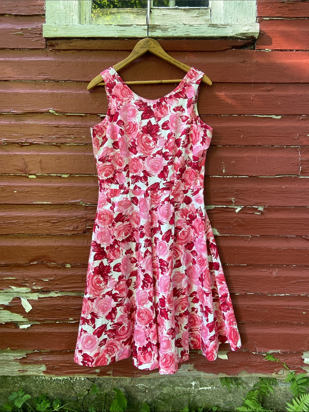 Laura Ashley Vintage Pink Red Rose Print Cotton Fit & Flare Dress Women's Size 6